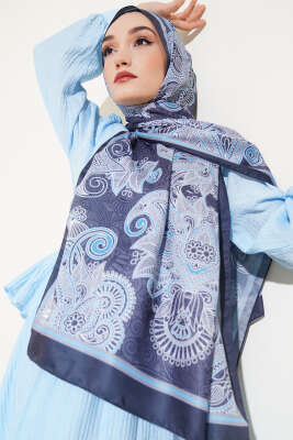 Mandala Motif Soft Şal Siyah Mavi - Başörtüsü