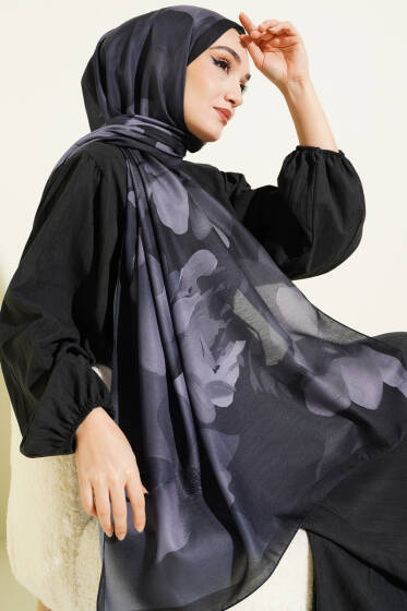 Manolya Desenli Şal Antrasit - Başörtüsü