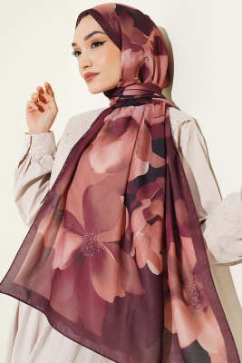 Manolya Desenli Şal Bordo - Başörtüsü