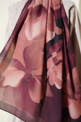 Manolya Desenli Şal Bordo - Başörtüsü