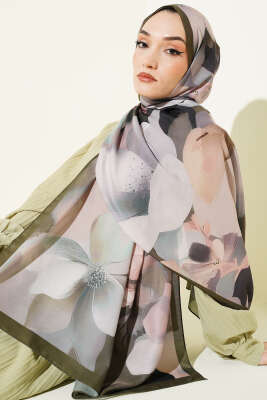 Manolya Desenli Şal Haki - Başörtüsü