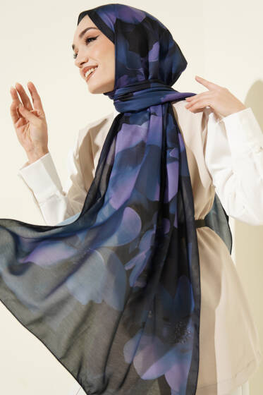 Manolya Desenli Şal Lacivert - Başörtüsü