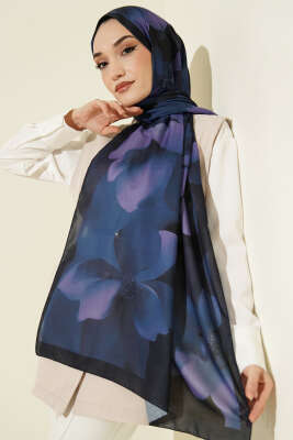 Manolya Desenli Şal Lacivert - Başörtüsü