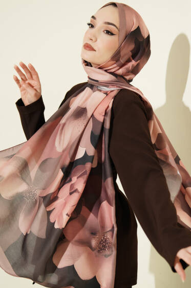 Manolya Desenli Şal Latte - Başörtüsü