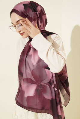 Manolya Desenli Şal Mürdüm - Başörtüsü