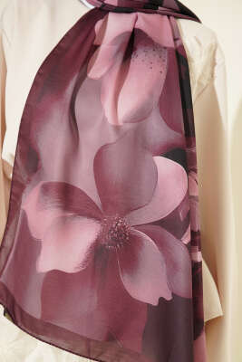 Manolya Desenli Şal Mürdüm - Başörtüsü