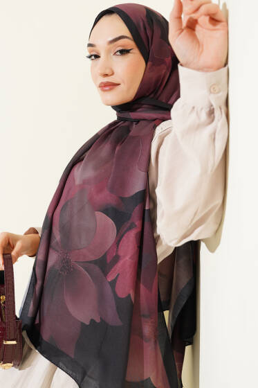 Manolya Desenli Şal Siyah Kahve - Başörtüsü