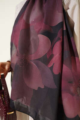 Manolya Desenli Şal Siyah Kahve - Başörtüsü