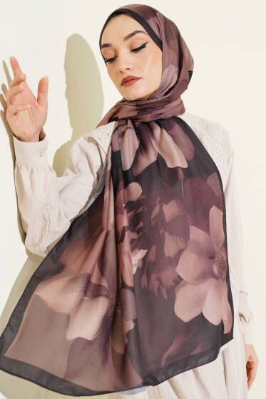 Manolya Desenli Şal Siyah Latte - Başörtüsü