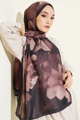Manolya Desenli Şal Siyah Latte - Başörtüsü