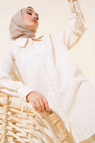 Manşet Bağcıklı Çizgili Tunik Bej - Tunik