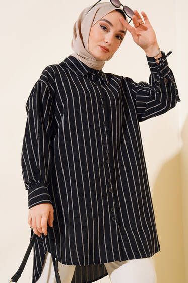 Manşet Bağcıklı Çizgili Tunik Siyah - Tunik
