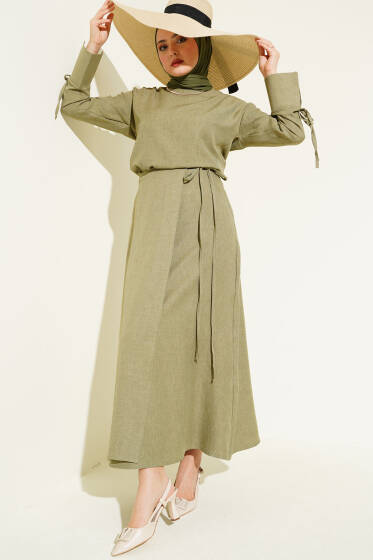 Manşet Bağcıklı Etekli Basic İkili Takım Haki - İkili Takım