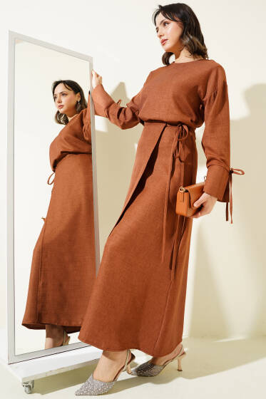 Manşet Bağcıklı Etekli Basic İkili Takım Kahve - İkili Takım