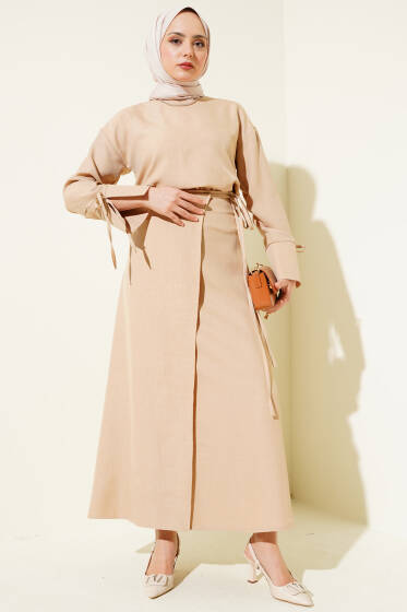 Manşet Bağcıklı Etekli Basic İkili Takım Latte - İkili Takım