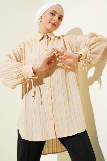 Manşet Bağcıklı Kabartma Çizgili Gömlek Bej - Gömlek