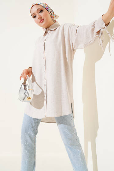 Manşet Bağcıklı Keten Gömlek Bej - Gömlek