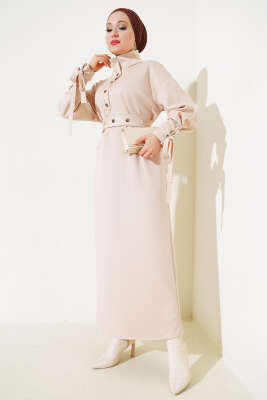 Manşet Bağcıklı Metal Düğmeli Elbise Bej 