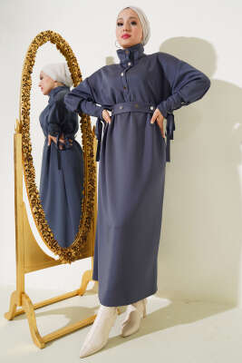 Manşet Bağcıklı Metal Düğmeli Elbise Füme 