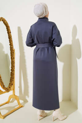 Manşet Bağcıklı Metal Düğmeli Elbise Füme - Tesettür Elbise