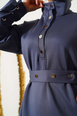 Manşet Bağcıklı Metal Düğmeli Elbise Füme - Tesettür Elbise