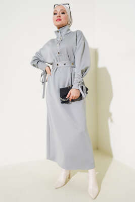 Manşet Bağcıklı Metal Düğmeli Elbise Gri - MURAT GİYİM