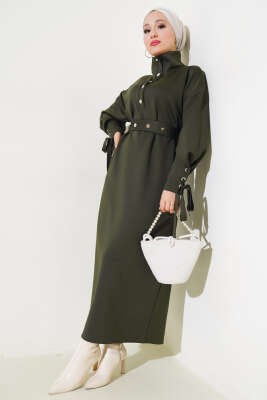Manşet Bağcıklı Metal Düğmeli Elbise Haki 