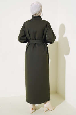 Manşet Bağcıklı Metal Düğmeli Elbise Haki - Tesettür Elbise
