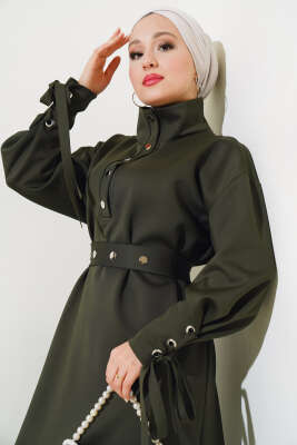 Manşet Bağcıklı Metal Düğmeli Elbise Haki - Tesettür Elbise