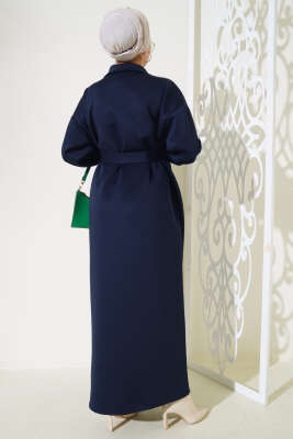 Manşet Bağcıklı Metal Düğmeli Elbise Lacivert - Tesettür Elbise