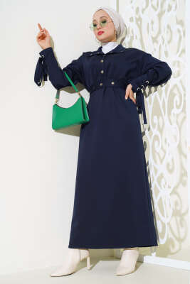 Manşet Bağcıklı Metal Düğmeli Elbise Lacivert 