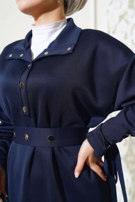 Manşet Bağcıklı Metal Düğmeli Elbise Lacivert - Tesettür Elbise