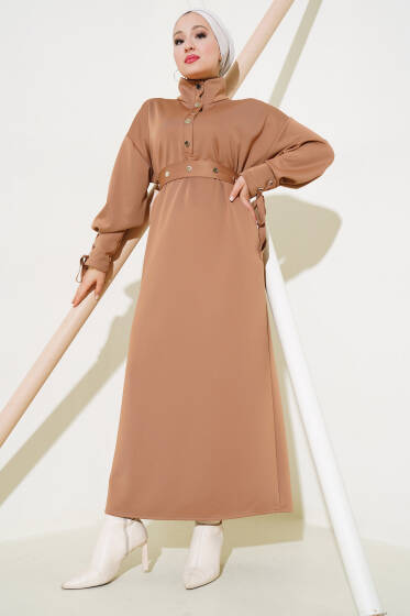 Manşet Bağcıklı Metal Düğmeli Elbise Latte - Elbise
