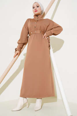 Manşet Bağcıklı Metal Düğmeli Elbise Latte 