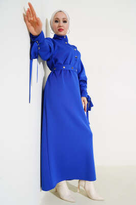 Manşet Bağcıklı Metal Düğmeli Elbise Saks 