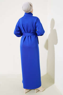 Manşet Bağcıklı Metal Düğmeli Elbise Saks - Tesettür Elbise