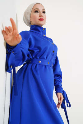 Manşet Bağcıklı Metal Düğmeli Elbise Saks - Tesettür Elbise