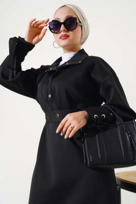 Manşet Bağcıklı Metal Düğmeli Elbise Siyah - Elbise