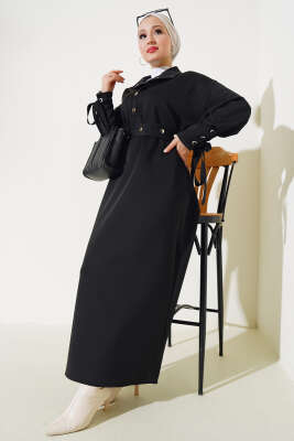 Manşet Bağcıklı Metal Düğmeli Elbise Siyah 