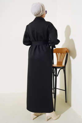 Manşet Bağcıklı Metal Düğmeli Elbise Siyah - Tesettür Elbise