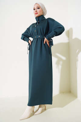 Manşet Bağcıklı Metal Düğmeli Elbise Zümrüt 