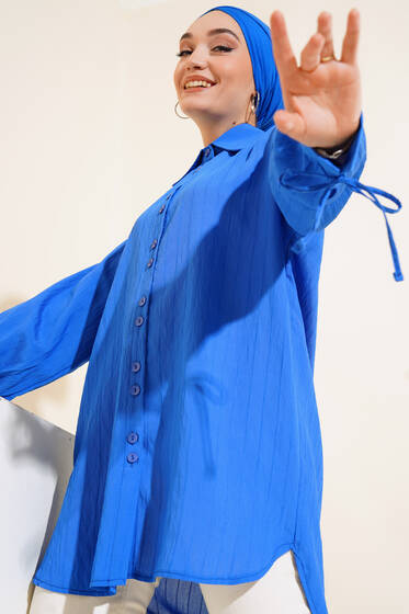 Manşet Bağcıklı Tunik Saks - Tunik