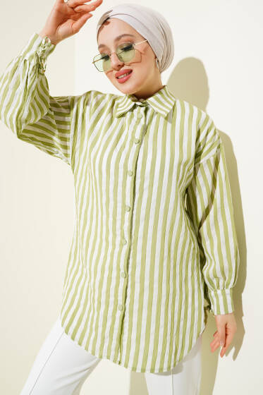 Manşet Bağlamalı Çizgili Gömlek Çağla Yeşili - Gömlek