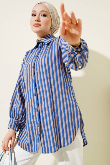 Manşet Bağlamalı Çizgili Gömlek İndigo - Gömlek