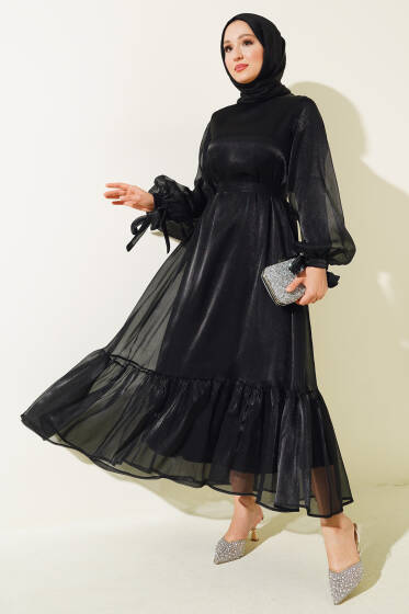 Manşet Bağlamalı Tül Elbise Siyah - Elbise