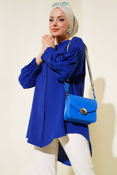 Manşet Büzgülü Tunik Saks - Yılın Fırsatı