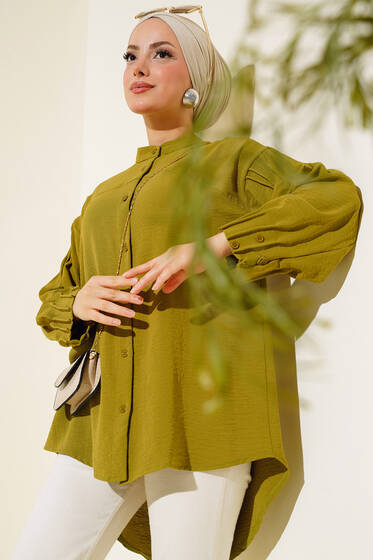 Manşet Büzgülü Tunik Yağ Yeşili - Yılın Fırsatı