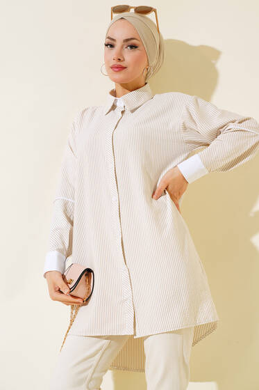 Manşet Detaylı Çizgili Tunik Latte - Tunik
