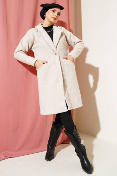 Manşet Düğmeli Buklet Kaban Bej - Kaban