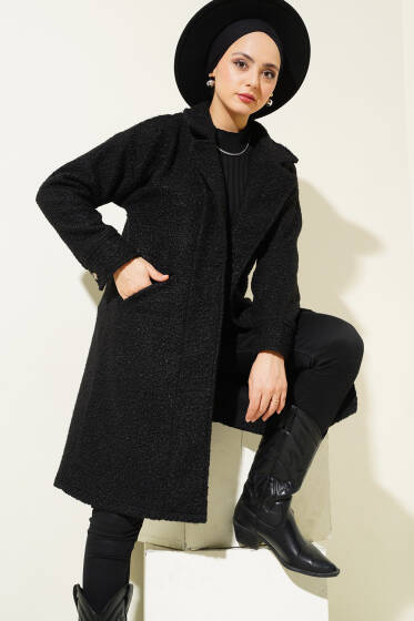 Manşet Düğmeli Buklet Kaban Siyah - Kaban